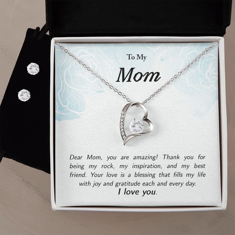 Mom - You Are Amazing Forever Love Heart Necklace and Earrings Set From Son Daughter Child for Mother's Day Mother's Birthday Mother's Special Day Thinking of You