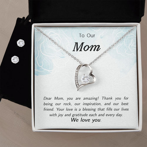 Mom - You Are Amazing Forever Love Heart Necklace and Earrings Set From Children for Mother's Day Birthday Special Day Thinking of You