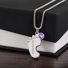 Load image into Gallery viewer, Silver footprint necklace with birthstone and standard box