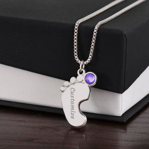 Silver footprint necklace with birthstone and standard box