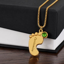 Load image into Gallery viewer, Gold footprint necklace with birthstone and standard box