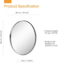 Load image into Gallery viewer, ES 34-Inch Circle Mirror Brushed Nickel Silver Wall Mounted round Mirror, Glass Panel Circle Deep Set Design Stainless Steel Framed Mirror for Bathroom Vanity, Entryways, Living Rooms