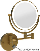 Load image into Gallery viewer, 8 Inch LED Wall Mount Two-Sided Magnifying Makeup Vanity Mirror 12 Inch Extension Antique Brass 1X/10X Magnification Plug 360 Degree Rotation Waterproof Button Shaving Mirror