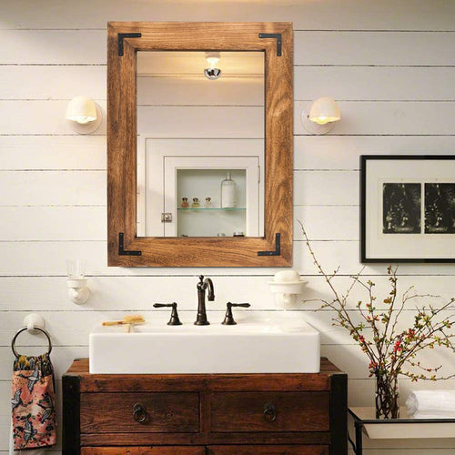 Rustic Wooden Framed Wall Mirror, Natural Wood Bathroom Vanity Mirror for Farmhouse Decor, Vertical or Horizontal Hanging (26