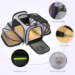 Pet Travel Bag Safe Airline Approved Expandable Foldable Soft-Sided Dog Carrier 3 Doors 2 Reflective Tapes