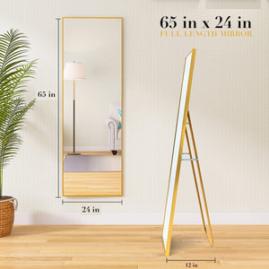 65" X 24" Full Length Mirror with Stand, Gold Wall Mounting Full Body Mirror, Metal Frame Full-Length Mirror for Living Room, Bedroom