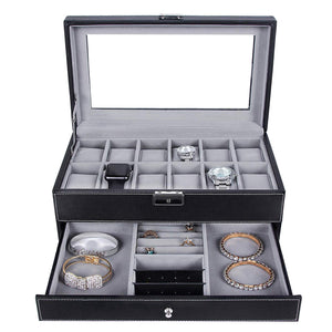 12 Slots Watch Box Watch Organizer Lockable Jewelry Display Case Black