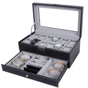 12 Slots Watch Box Watch Organizer Lockable Jewelry Display Case Black