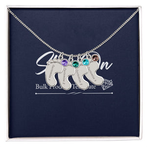 Silver 4-footprints necklace with birthstones