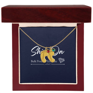 Gold  2-footprints necklace with birthstones in luxury box with LED