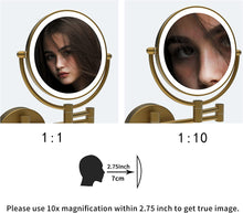 Load image into Gallery viewer, 8 Inch LED Wall Mount Two-Sided Magnifying Makeup Vanity Mirror 12 Inch Extension Antique Brass 1X/10X Magnification Plug 360 Degree Rotation Waterproof Button Shaving Mirror