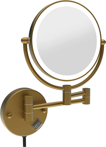 8 Inch LED Wall Mount Two-Sided Magnifying Makeup Vanity Mirror 12 Inch Extension Antique Brass 1X/10X Magnification Plug 360 Degree Rotation Waterproof Button Shaving Mirror