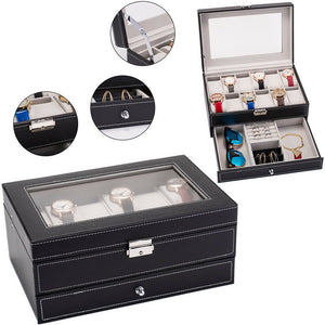 12 Slots Watch Box Watch Organizer Lockable Jewelry Display Case Black